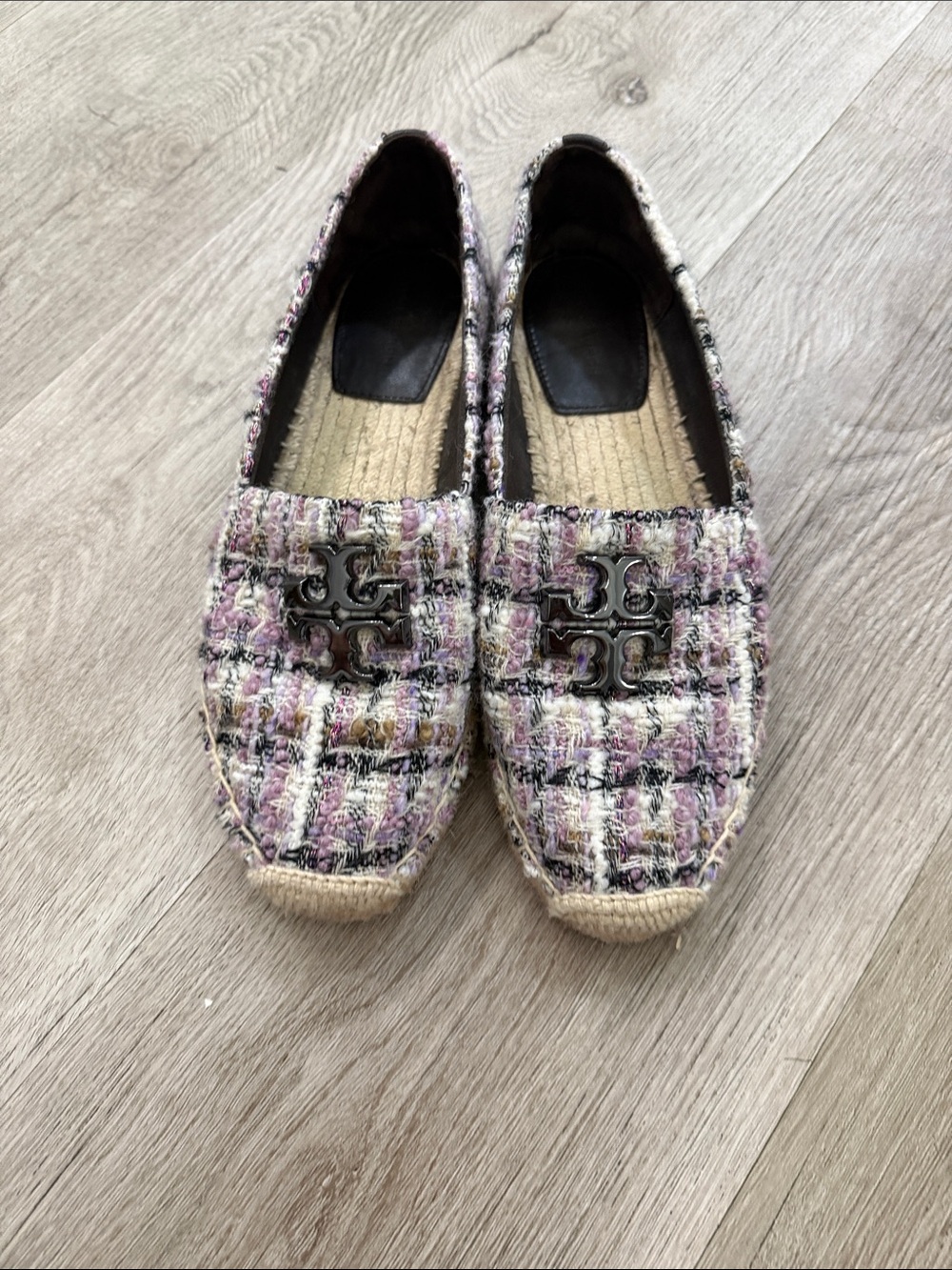 Tory Burch Pink and Cream Tweed Espadrille Loafers with Logo